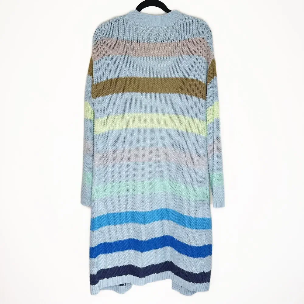 Lisa Todd Sand Sweeper Aqua Combo Striped Knit Long Open Cardigan Duster Sweater - Picture 8 of 11